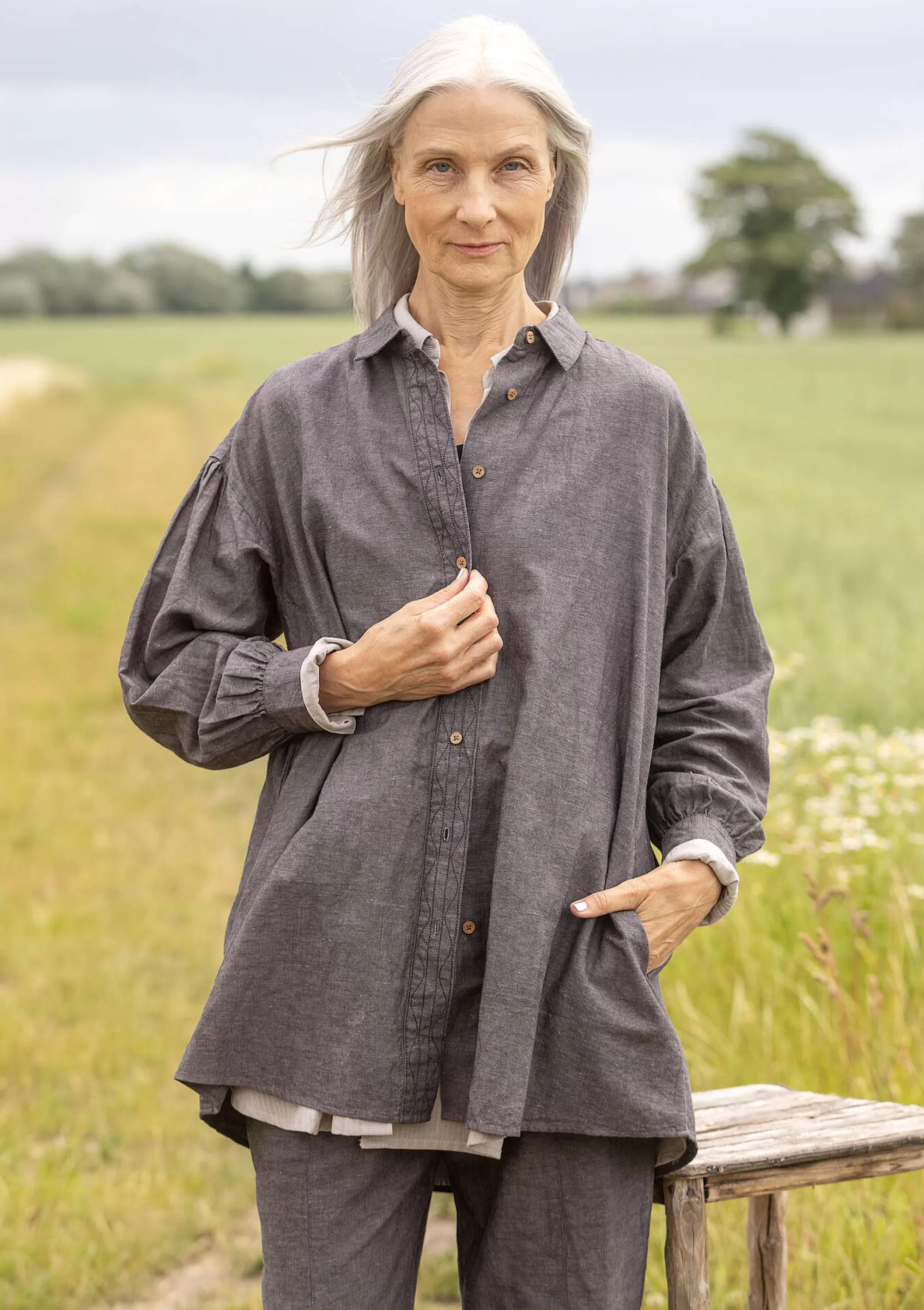 Pullover & Shirts^Gudrun Sjödén Bluse Dunes Aus Bio-Baumwolle/Leinen aschgrau