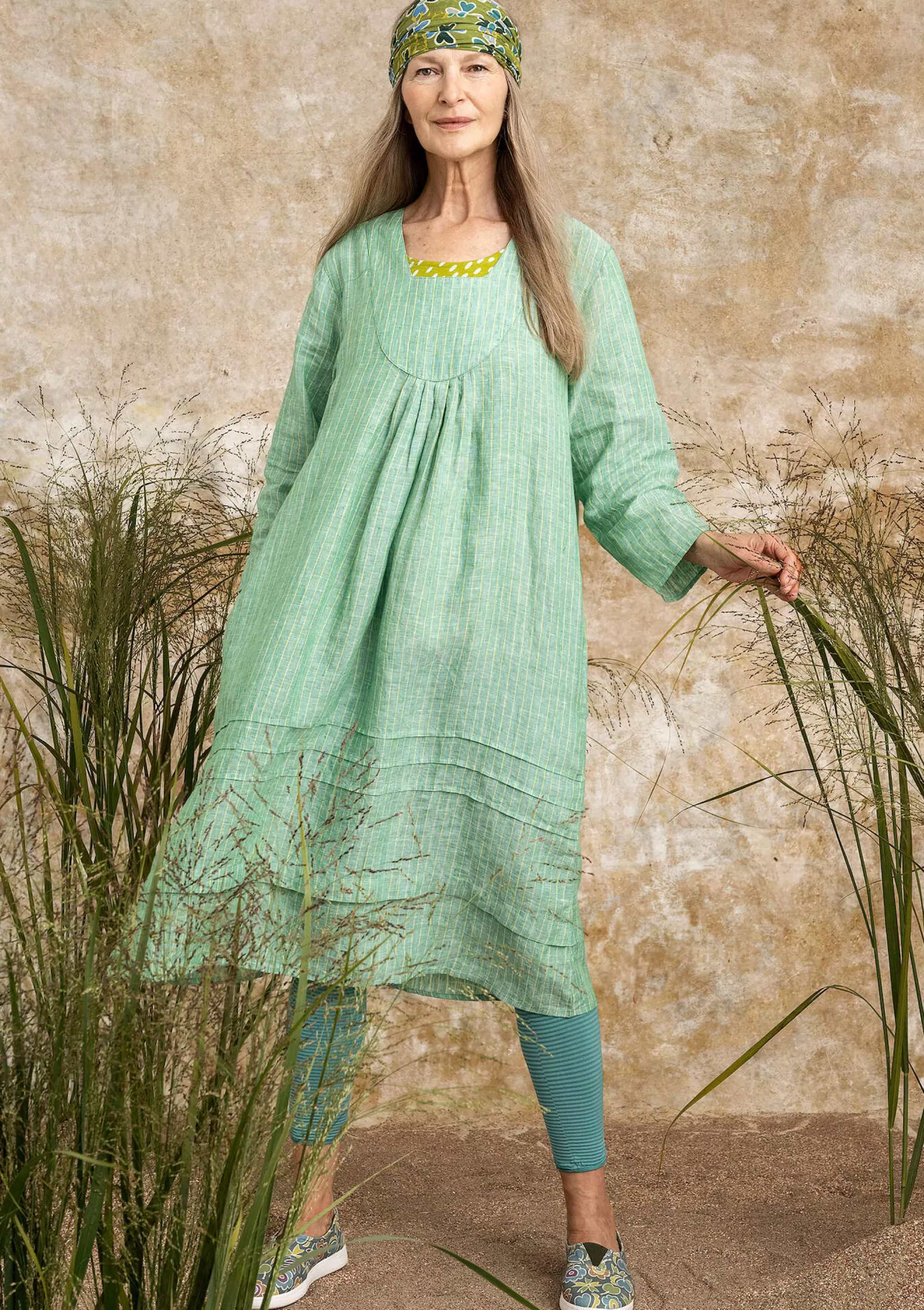 Kleider | Leinenkleidung^Gudrun Sjödén Kleid Aus Leinengewebe lotusgrün-gestreift