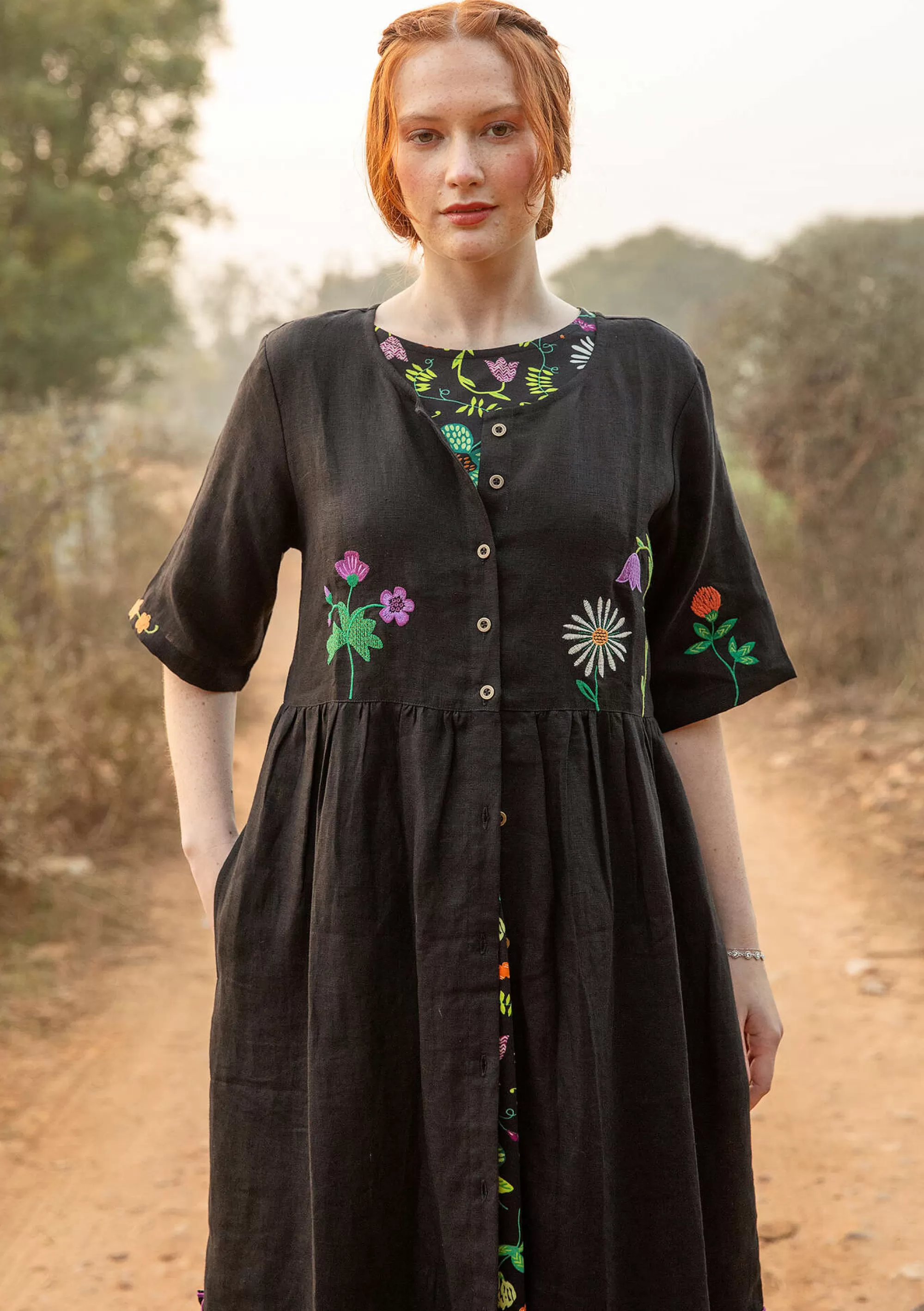 Kleider | Leinenkleidung^Gudrun Sjödén Kleid Blombukett Aus Leinengewebe schwarz