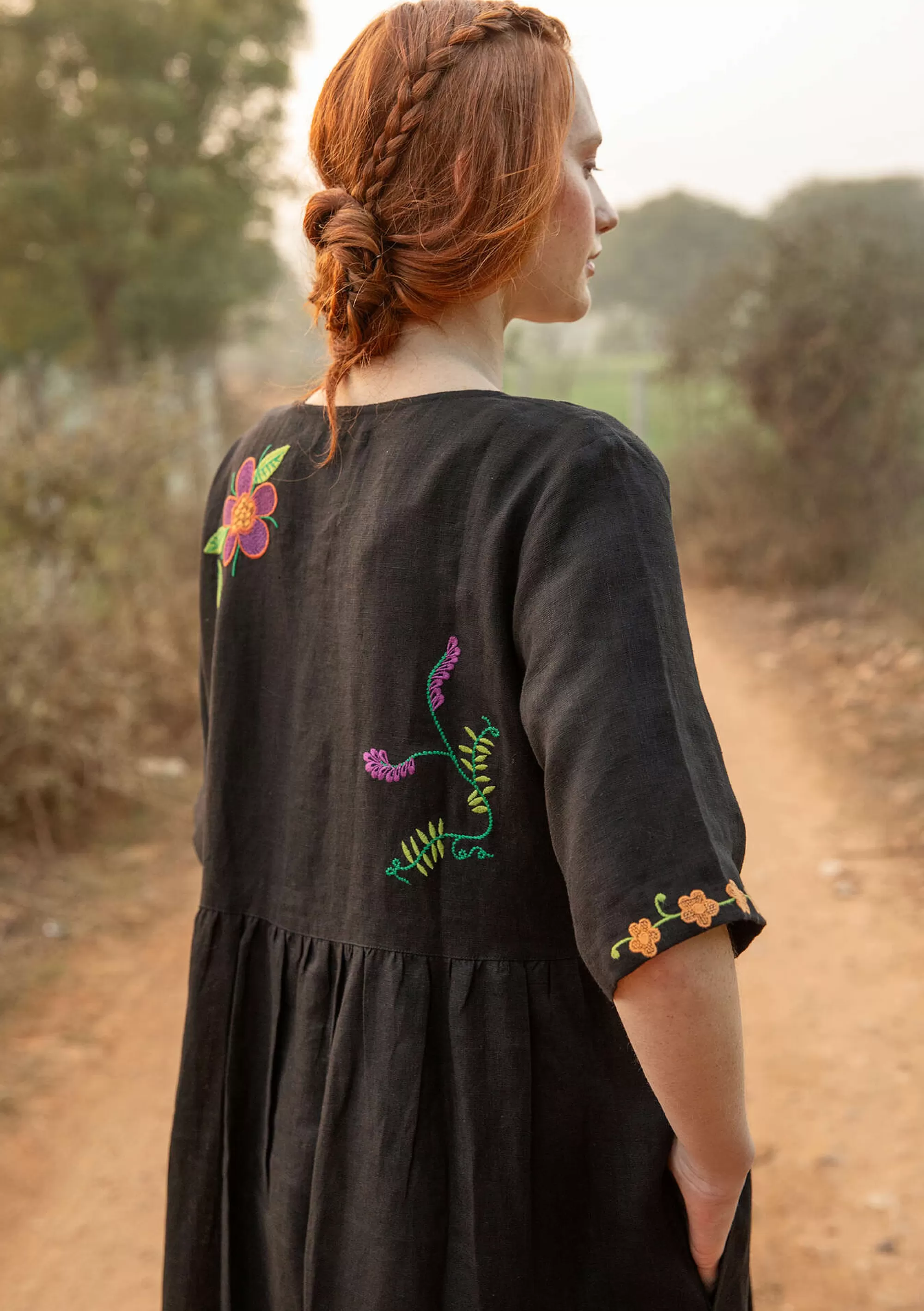 Kleider | Leinenkleidung^Gudrun Sjödén Kleid Blombukett Aus Leinengewebe schwarz
