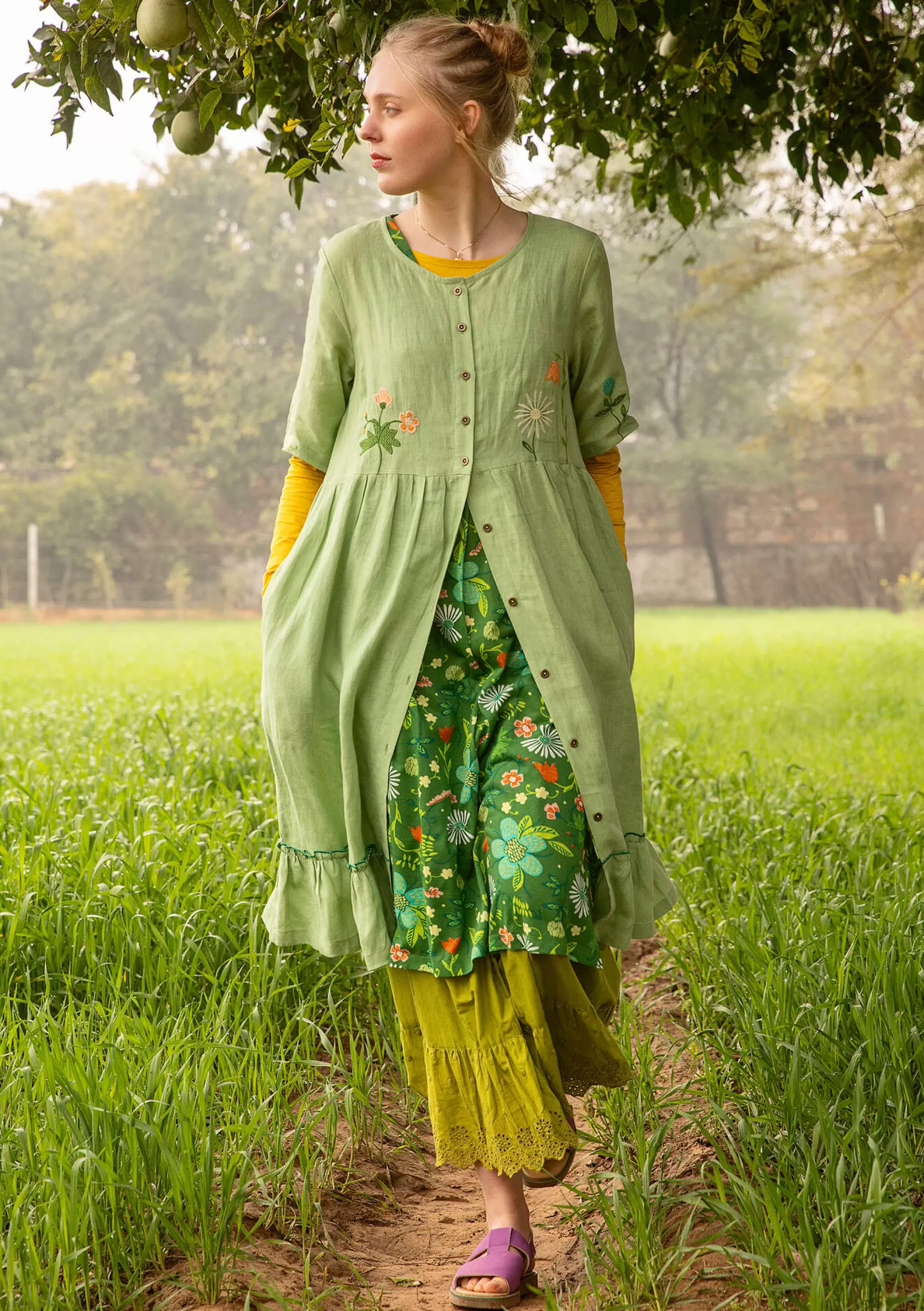 Kleider | Leinenkleidung^Gudrun Sjödén Kleid Blombukett Aus Leinengewebe stachelbeergrün